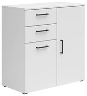 Weiße Kommode mit drei Schubladen und einer Tür, schwarze Griffe, Perspektive von vorne links