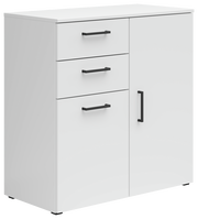 Weiße Kommode mit drei Schubladen und einer Tür, schwarze Griffe, Perspektive von vorne links