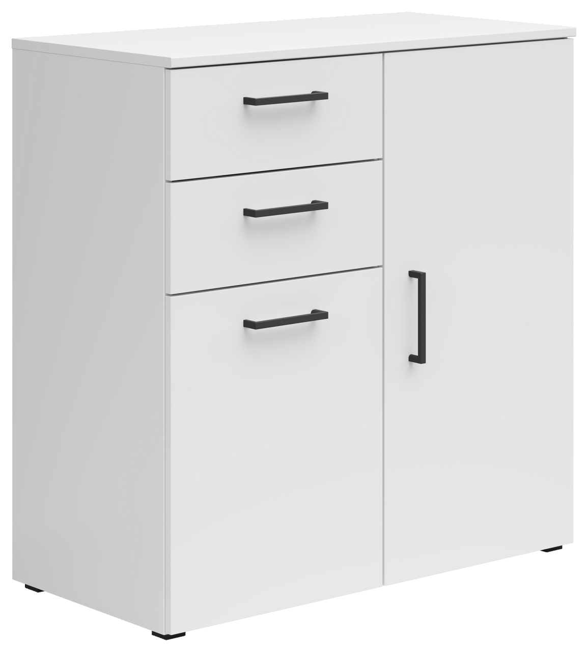 Weiße Kommode mit drei Schubladen und einer Tür, schwarze Griffe, Perspektive von vorne links