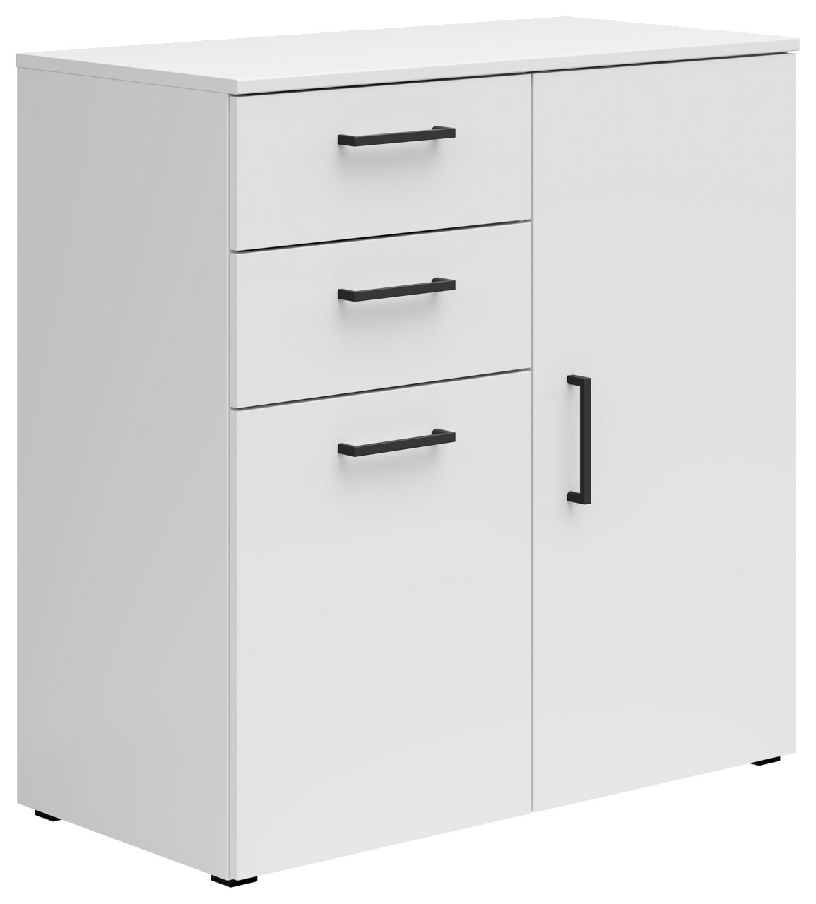 Weiße Kommode mit drei Schubladen und einer Tür, schwarze Griffe, Perspektive von vorne links