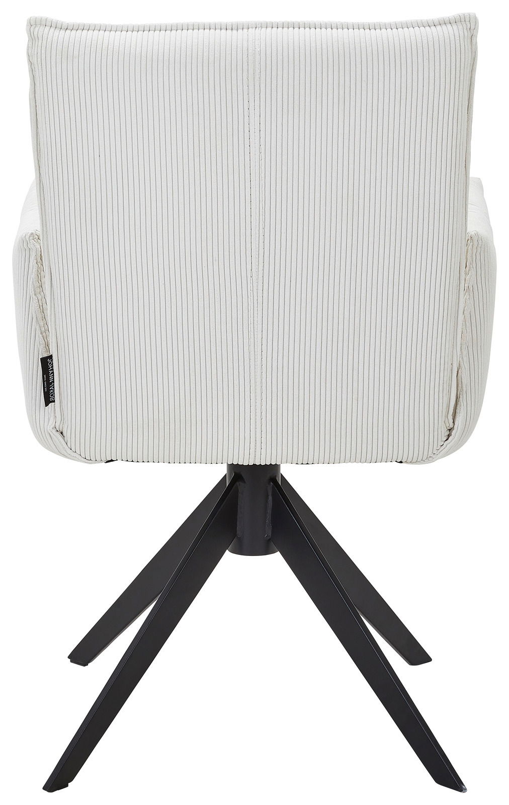Johann Jakob Armlehnstuhl CALAS Rückansicht eines weißen Armlehnstuhls mit gestreiftem Stoffbezug und schwarzem Metallfußgestell.