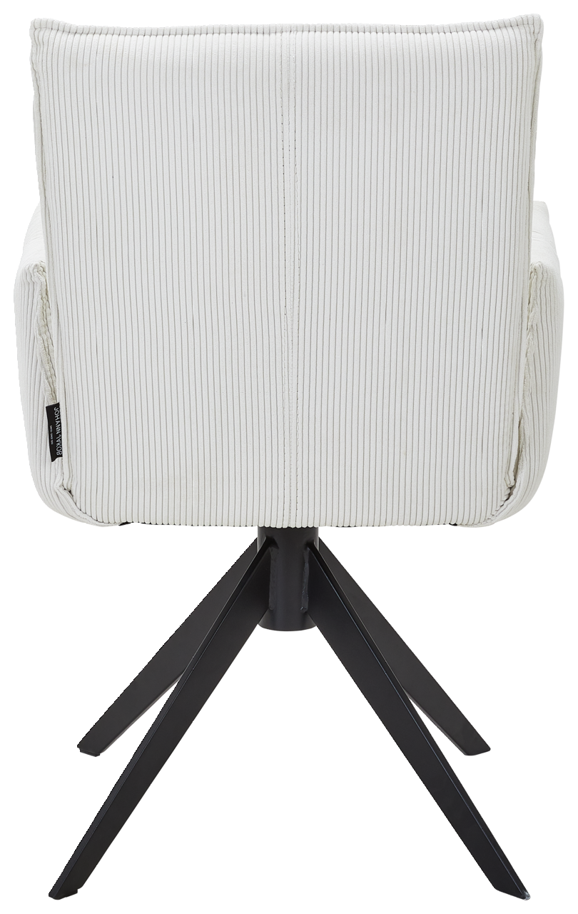 Johann Jakob Armlehnstuhl CALAS Rückansicht eines weißen Armlehnstuhls mit gestreiftem Stoffbezug und schwarzem Metallfußgestell.