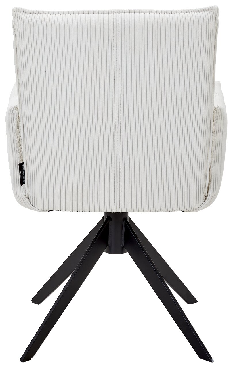 Johann Jakob Armlehnstuhl CALAS Rückansicht eines weißen Armlehnstuhls mit gestreiftem Stoffbezug und schwarzem Metallfußgestell.