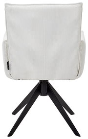 Rückansicht eines weißen Armlehnstuhls mit gestreiftem Stoffbezug und schwarzem Metallfußgestell.