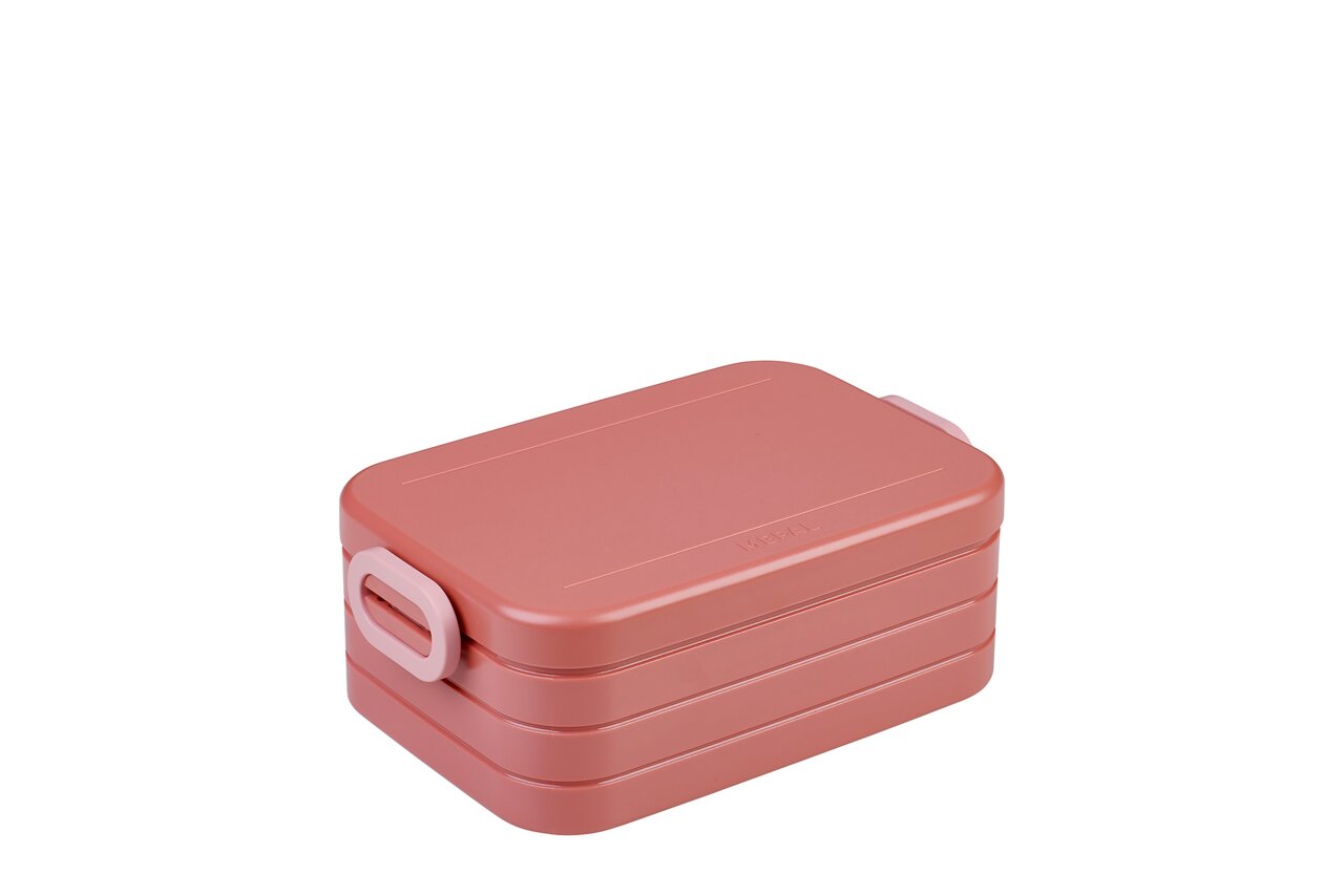 Vivid Mauve-lunchset van kunststof, rechthoekig, met sluitingen aan de zijkanten, gezien vanuit een schuine hoek van bovenaf