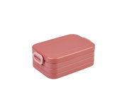 Vivid Mauve-lunchset van kunststof, rechthoekig, met sluitingen aan de zijkanten, gezien vanuit een schuine hoek van bovenaf