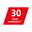 Rotes Schild mit der Aufschrift '30 Year Warranty', perspektivisch leicht geneigt.