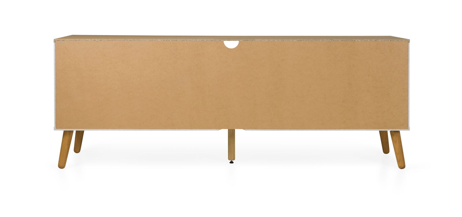 Rückansicht eines TV-Boards mit Holzbeinen und einer Aussparung für Kabelmanagement.