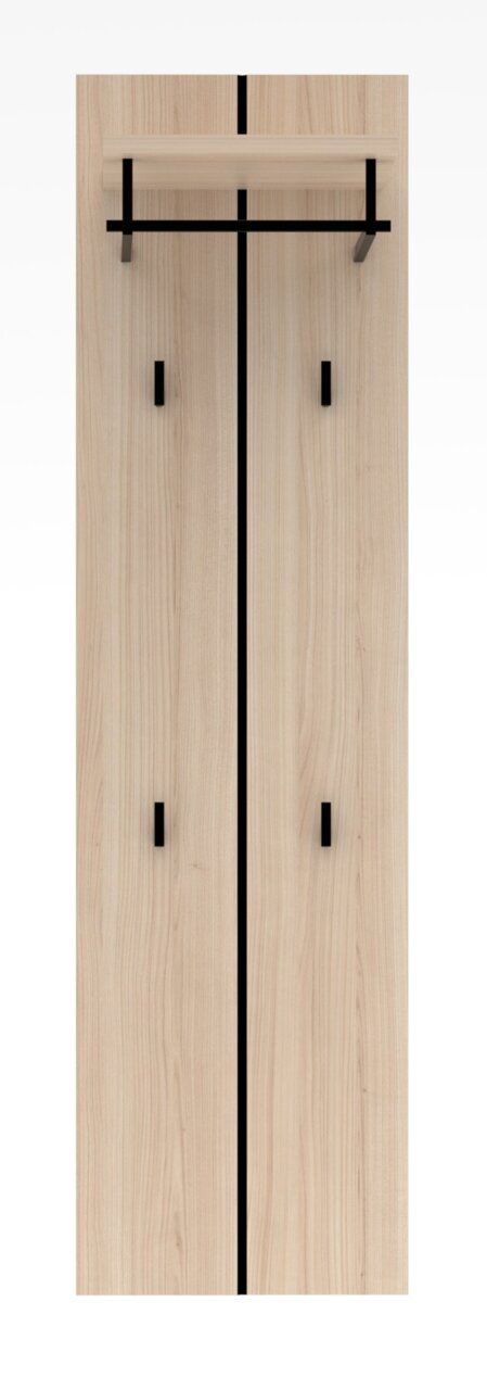 Frontale Ansicht einer modernen Garderoben-Kombination aus Holz mit schwarzen Akzenten und Haken.