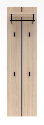 Frontale Ansicht einer modernen Garderoben-Kombination aus Holz mit schwarzen Akzenten und Haken.