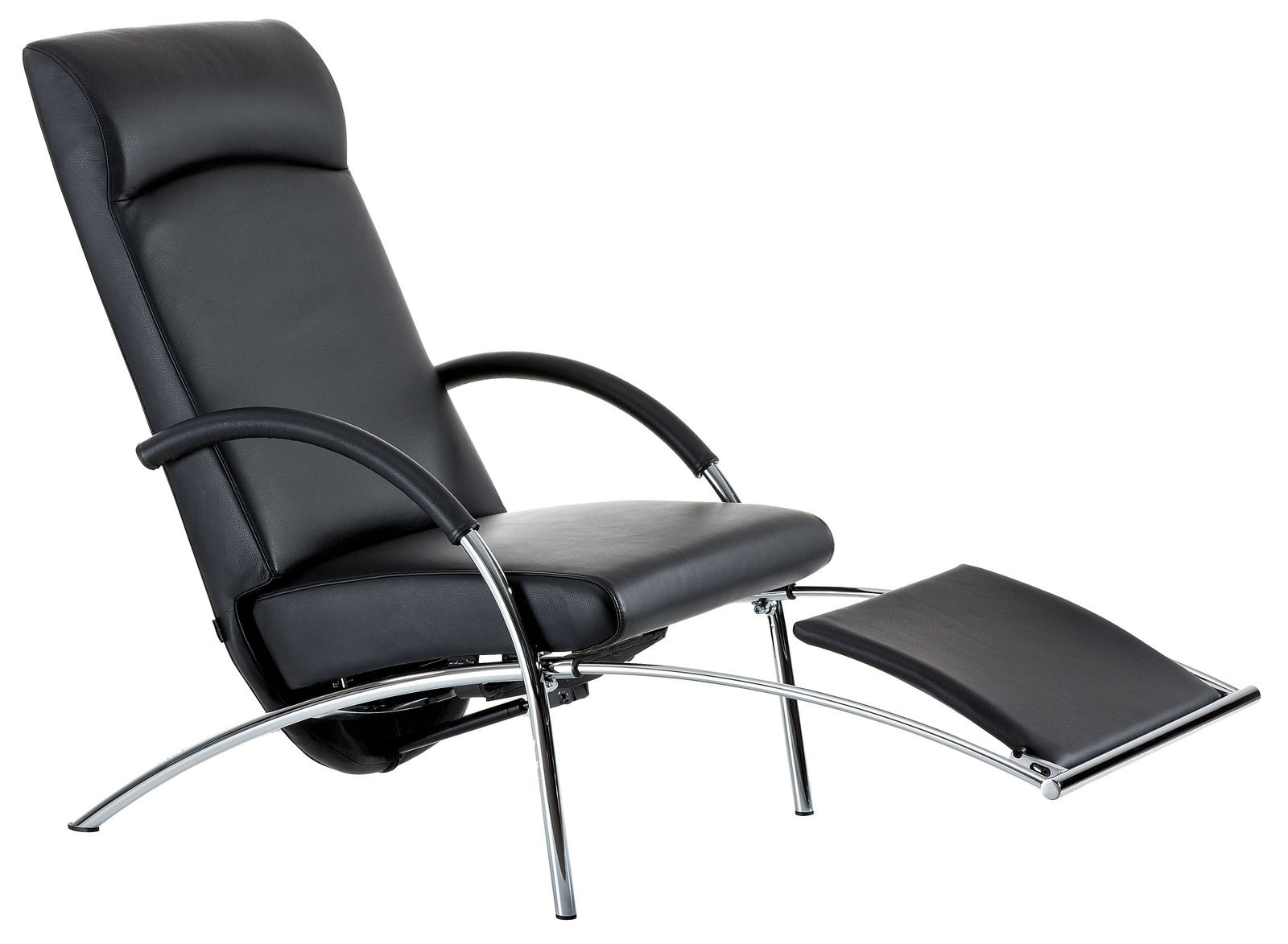 BW Funktionssessel CURVE Moderner schwarzer Funktionssessel mit verchromten Armlehnen und integriertem Fußteil, seitliche Perspektive