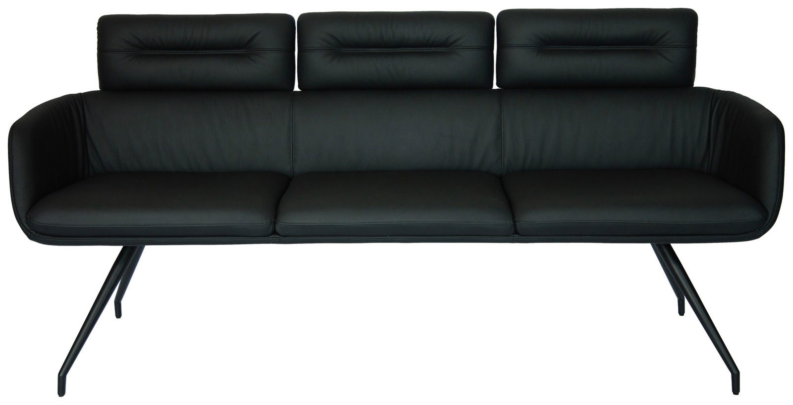 Schwarze Sitzbank mit drei gepolsterten Rückenkissen und modernen Metallbeinen, Frontalansicht