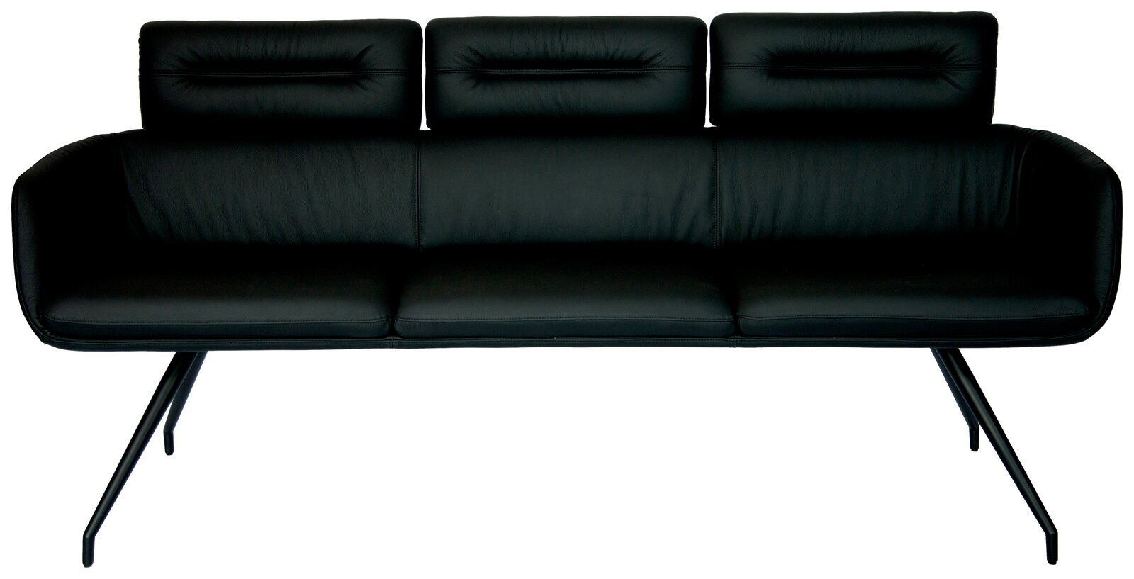 Schwarze Sitzbank mit drei gepolsterten Rückenkissen und modernen Metallbeinen, Frontalansicht