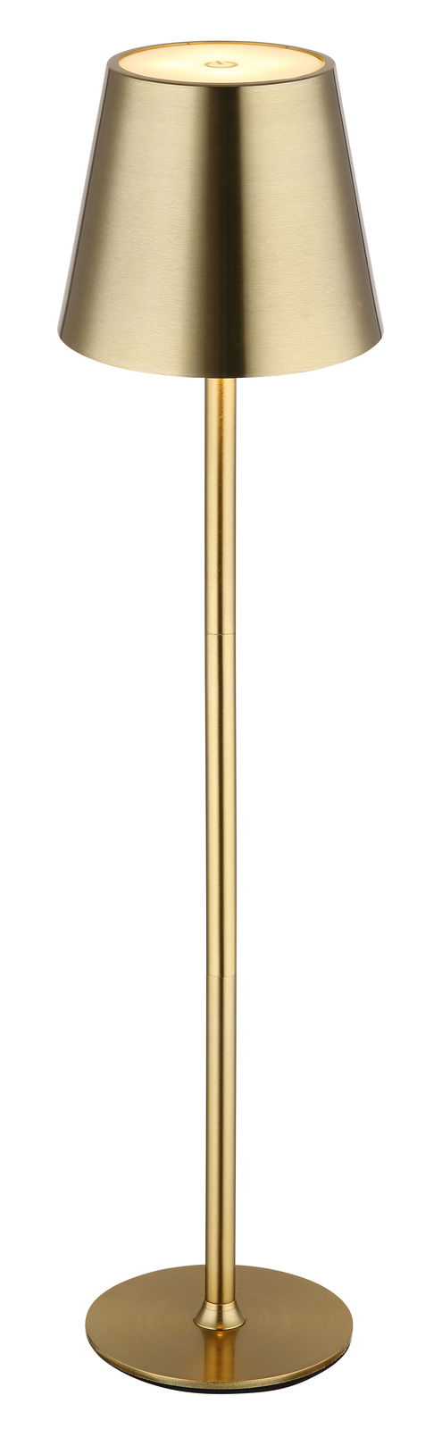 Goldene Tischleuchte VANNIE in frontaler Ansicht mit schlankem, modernem Design und rundem Sockel.