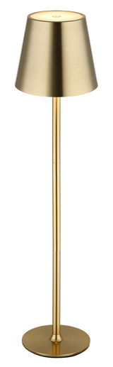 Goldene Tischleuchte VANNIE in frontaler Ansicht mit schlankem, modernem Design und rundem Sockel.