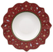 Suppenteller mit rotem Rand und weihnachtlichen Motiven, von oben betrachtet