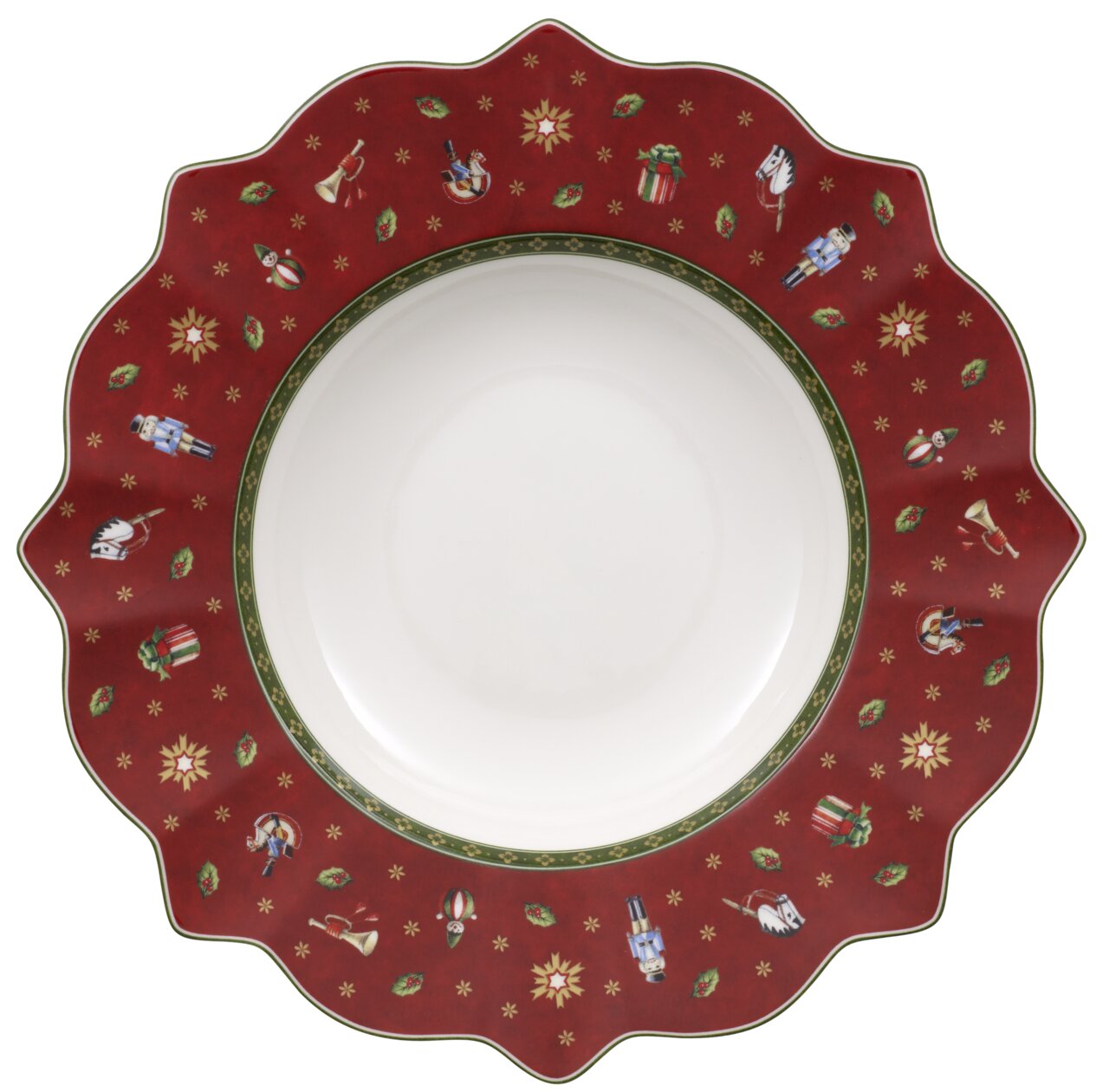 Suppenteller mit rotem Rand und weihnachtlichen Motiven, von oben betrachtet