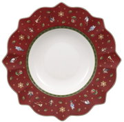 Suppenteller mit rotem Rand und weihnachtlichen Motiven, von oben betrachtet