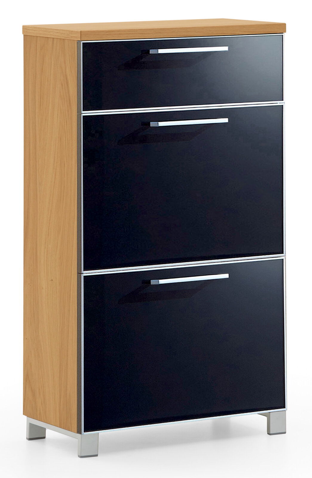 Schmaler Schuhschrank mit Holzoptik und schwarzen Fronten, frontal betrachtet