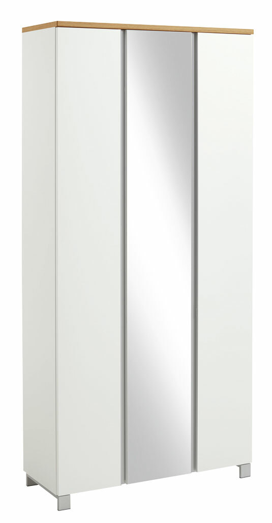 Moderner XL-Garderobenschrank in Weiß mit Spiegel in der Mitte, aus seitlicher Perspektive.