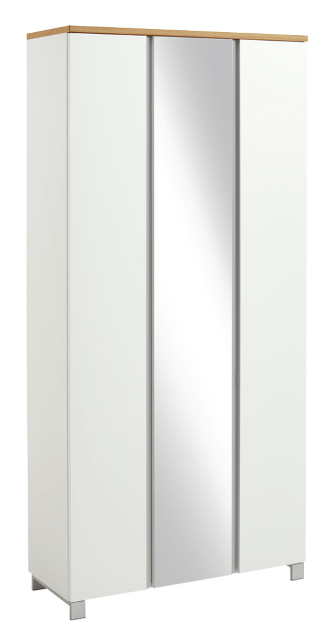 VOSS XL-Garderobenschrank SALEA Moderner XL-Garderobenschrank in Weiß mit Spiegel in der Mitte, aus seitlicher Perspektive.