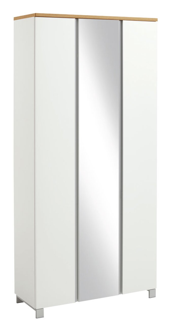 Moderner XL-Garderobenschrank in Weiß mit Spiegel in der Mitte, aus seitlicher Perspektive.