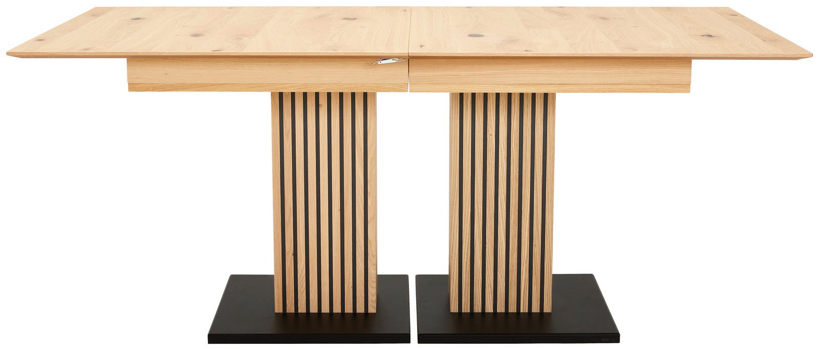 Moderner Esstisch aus Holz mit zwei gestreiften Säulenbeinen und schwarzem Sockel, Frontalansicht