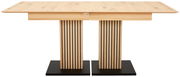 Moderner Esstisch aus Holz mit zwei gestreiften Säulenbeinen und schwarzem Sockel, Frontalansicht