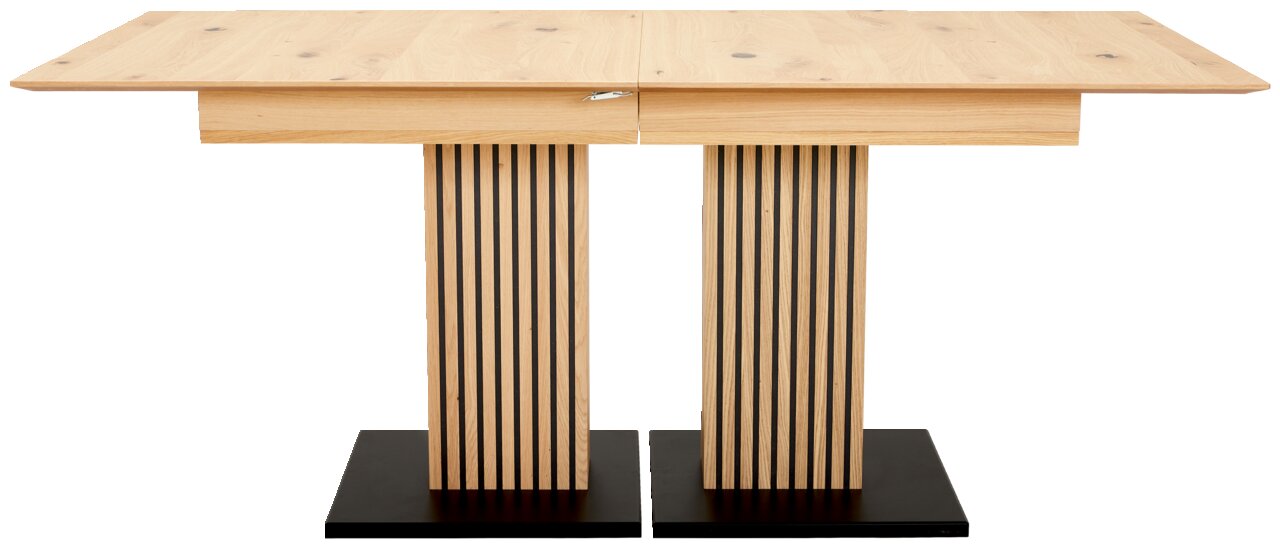 Moderner Esstisch aus Holz mit zwei gestreiften Säulenbeinen und schwarzem Sockel, Frontalansicht