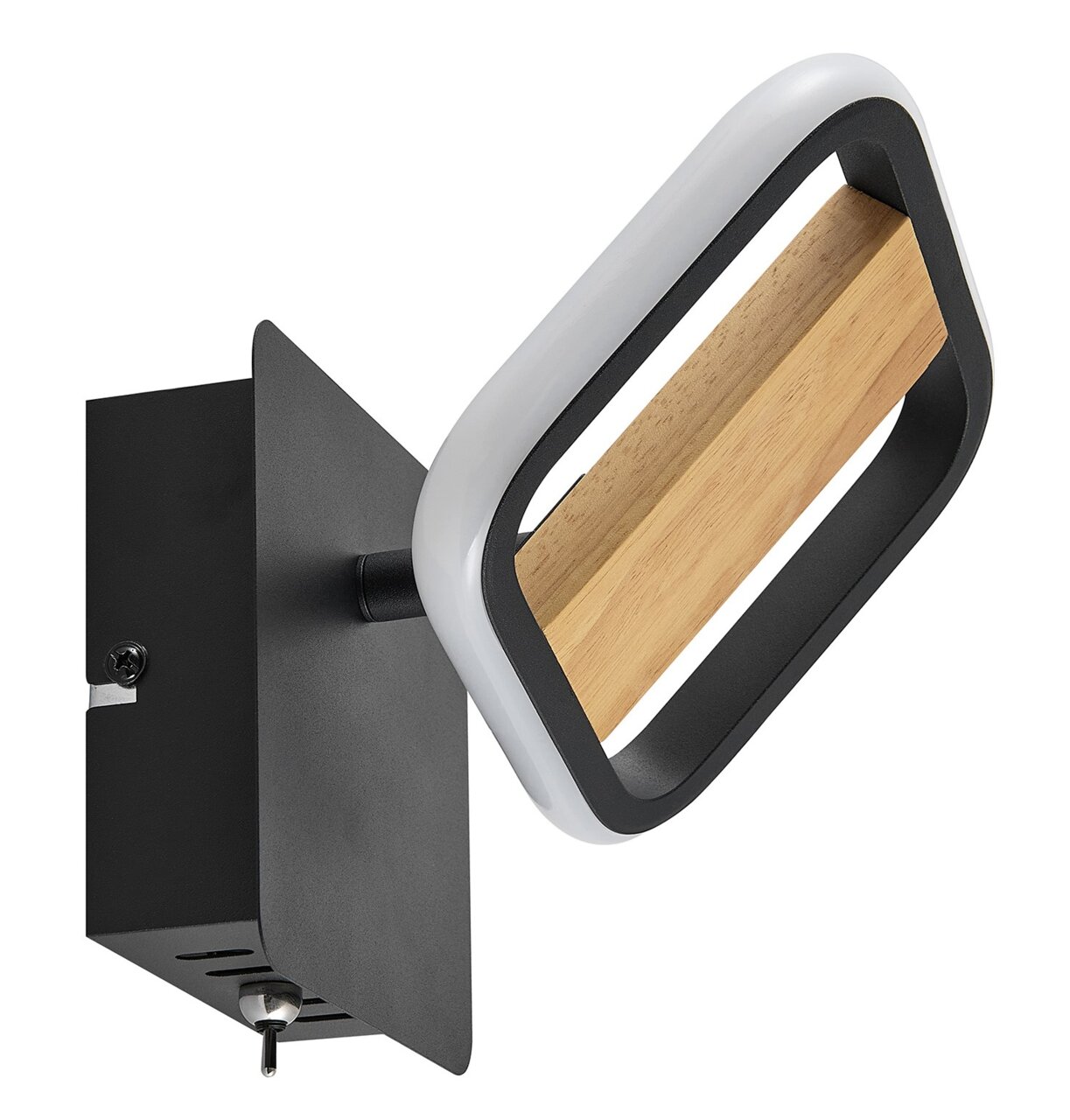 Novel LED-Strahler STRAHLER LED-Strahler mit modernem Design, rechteckiger Rahmen aus Holz und Metall, seitliche Perspektive