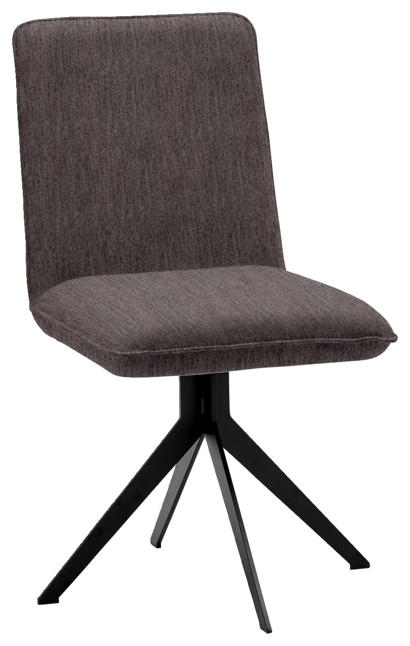 Moderne stoel met grijze stoffen bekleding en zwart metalen frame, zijaanzicht