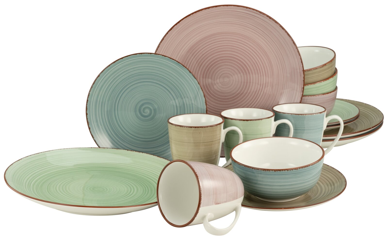 Kombiservice 16-tlg in verschiedenen Pastellfarben, bestehend aus Tellern, Tassen und Schalen, aus einer leicht seitlichen Perspektive fotografiert.