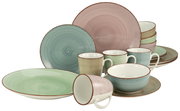 Kombiservice 16-tlg in verschiedenen Pastellfarben, bestehend aus Tellern, Tassen und Schalen, aus einer leicht seitlichen Perspektive fotografiert.