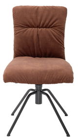 Brauner Stuhl mit gepolsterter Rückenlehne und Sitzfläche, schwarzes Metallgestell, Frontalansicht