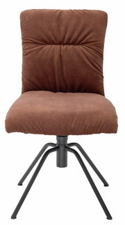 Brauner Stuhl mit gepolsterter Rückenlehne und Sitzfläche, schwarzes Metallgestell, Frontalansicht