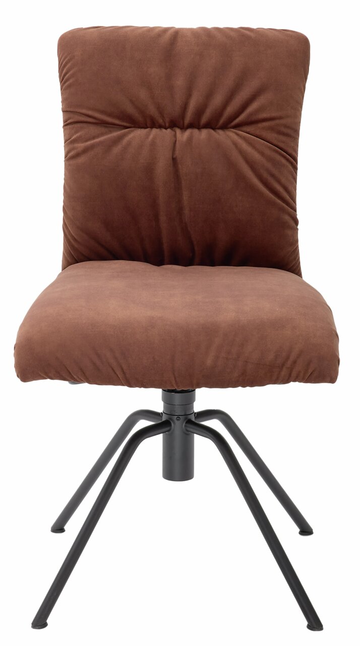 Brauner Stuhl mit gepolsterter Rückenlehne und Sitzfläche, schwarzes Metallgestell, Frontalansicht