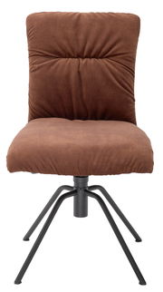 Brauner Stuhl mit gepolsterter Rückenlehne und Sitzfläche, schwarzes Metallgestell, Frontalansicht