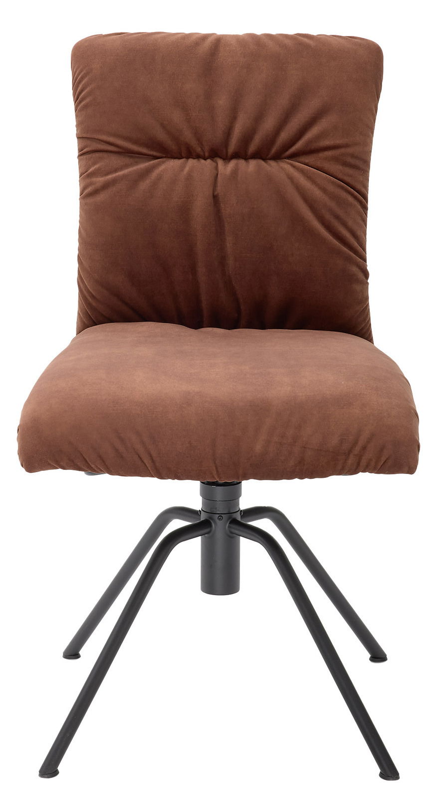 Brauner Stuhl mit gepolsterter Rückenlehne und Sitzfläche, schwarzes Metallgestell, Frontalansicht
