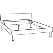 Skizzenhafte Darstellung eines Bettrahmens mit Kopfteil und Stützfüßen, schräg von vorne in Perspektive gezeigt.
