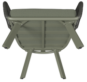 Unteransicht eines Loungesessels mit grünem Metallrahmen und gepolstertem Sitz.