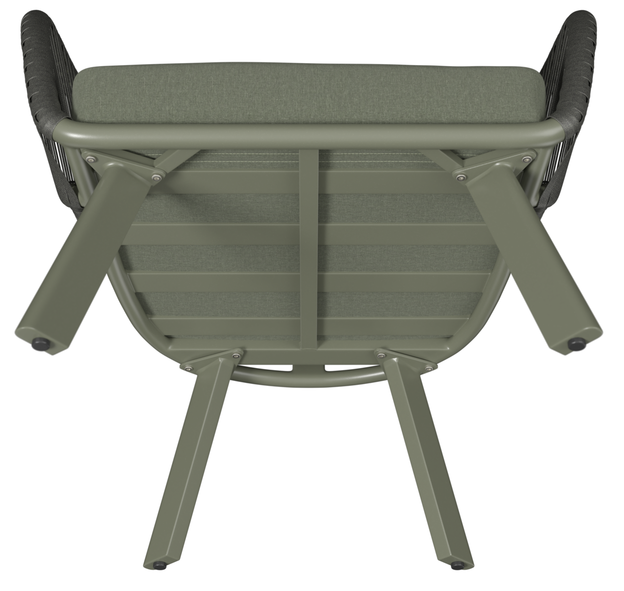 Unteransicht eines Loungesessels mit grünem Metallrahmen und gepolstertem Sitz.