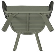 Unteransicht eines Loungesessels mit grünem Metallrahmen und gepolstertem Sitz.