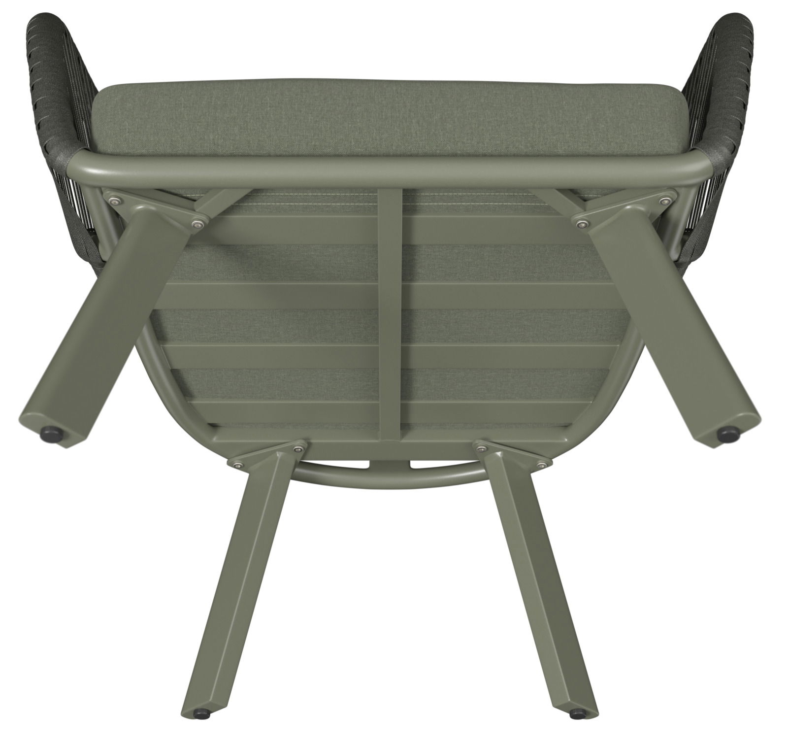 Unteransicht eines Loungesessels mit grünem Metallrahmen und gepolstertem Sitz.