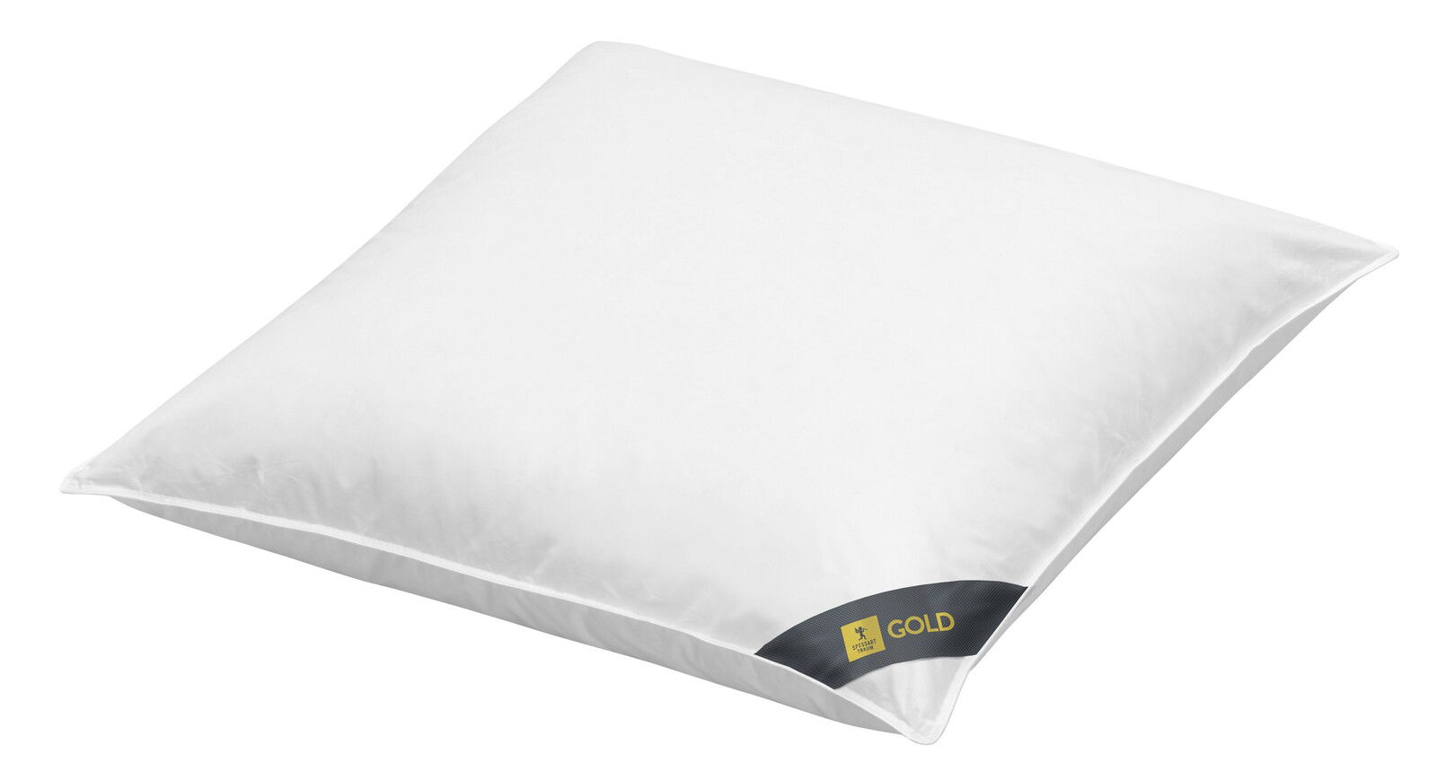 Spessarttraum Kissen GOLD Weißes Kissen 80x80cm mit GOLD-Label, schräg von oben fotografiert