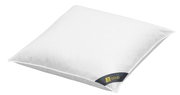 Weißes Kissen 80x80cm mit GOLD-Label, schräg von oben fotografiert
