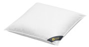 Weißes Kissen 80x80cm mit GOLD-Label, schräg von oben fotografiert
