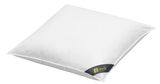 Weißes Kissen 80x80cm mit GOLD-Label, schräg von oben fotografiert