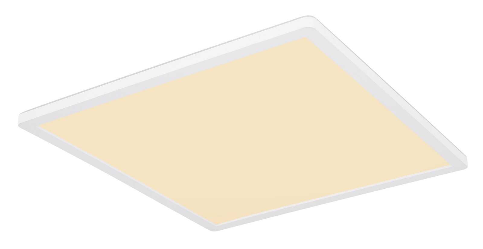 Globo Lighting LED-Deckenleuchte SAPANA Quadratische, flache LED-Deckenleuchte/Panel mit weißem Rahmen und warmweiß leuchtender Fläche, freigestellt vor weißem Hintergrund, in schräger Untersicht (Perspektive von unten)