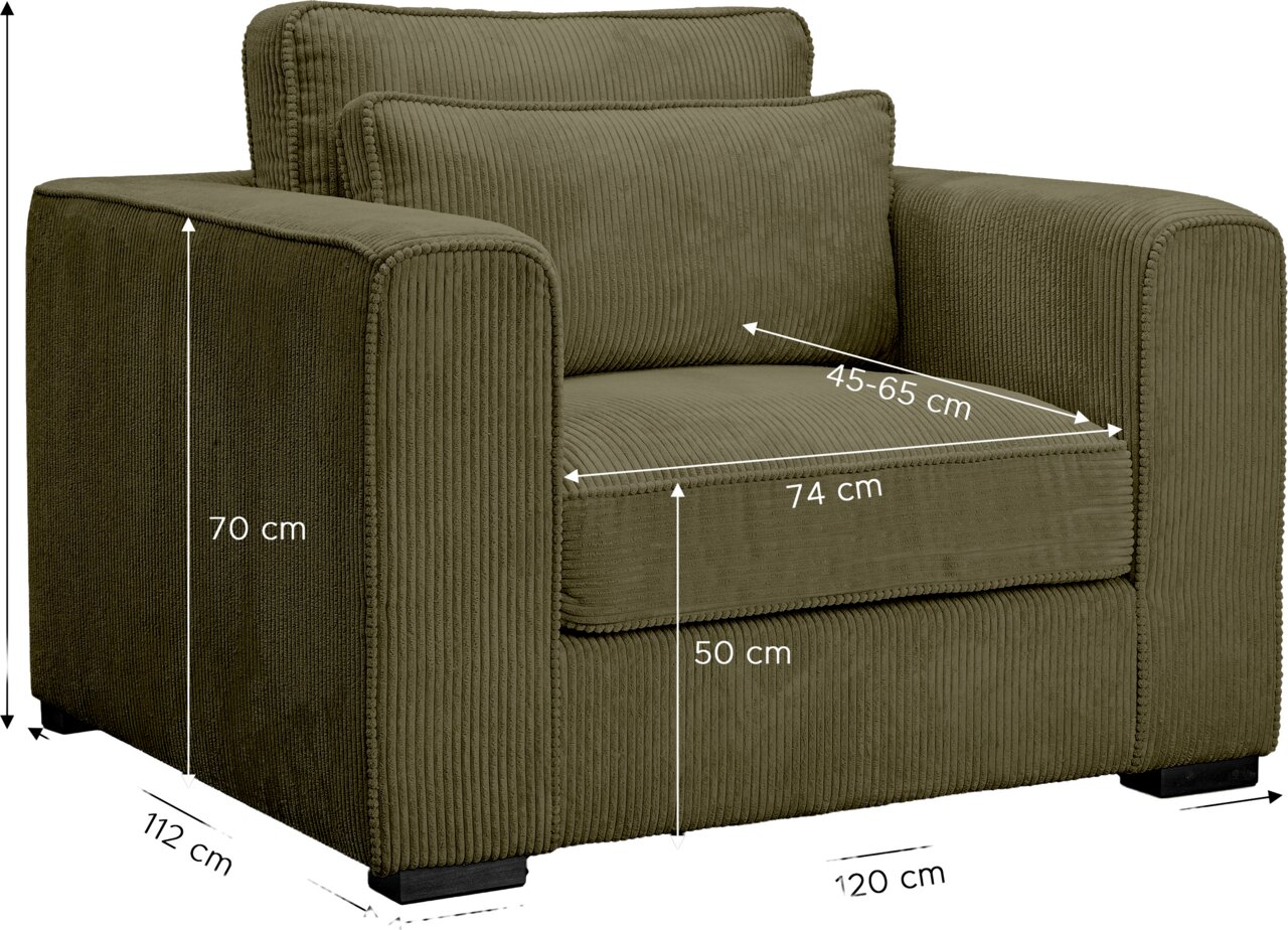 Olivgrüner Cord-Sessel mit breiten Armlehnen und zwei Rückenkissen, Maßangaben eingeblendet (ca. 120 cm Breite, 112 cm Tiefe, 70 cm Höhe, Sitzhöhe 50 cm, Sitzbreite 74 cm, Sitztiefe 45–65 cm), Ansicht schräg von vorne.