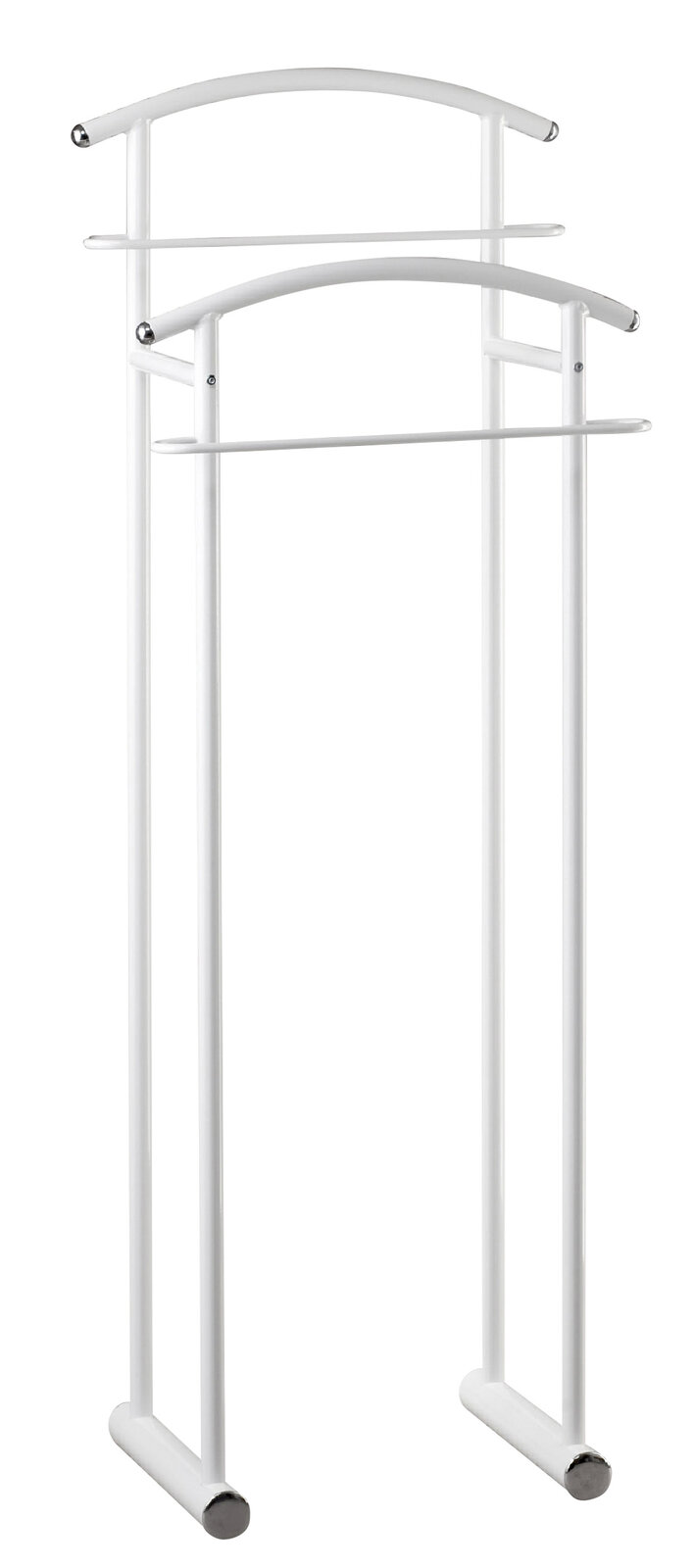 Weißer Herrendiener aus Metall mit zwei Kleiderstangen, seitliche Perspektive